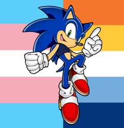 Size: 581x600 | Tagged: safe, artist:¤joltedfox06¤, sonic the hedgehog, hedgehog, abstract background, ace, aro ace pride, aromantic, binder, edit, headcanon, looking at viewer, male, pride flag background, smile, solo, trans male, trans pride, transgender