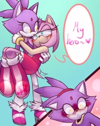 Size: 3277x4096 | Tagged: safe, artist:utter_dismae, amy rose, blaze the cat, cat, hedgehog, 2022, amy x blaze, amy's halterneck dress, blaze's tailcoat, blushing, carrying them, cute, female, females only, heart, lesbian, shipping