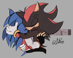 Size: 2000x1579 | Tagged: safe, artist:lulitan2, shadow the hedgehog, sonic the hedgehog, hedgehog, duo, eyes closed, fingerless gloves, frown, gay, grey background, hugging, jacket, male, males only, shadow x sonic, shipping, shirt, signature, simple background, sitting