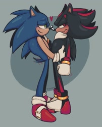 Size: 1305x1617 | Tagged: safe, artist:crynghost, shadow the hedgehog, sonic the hedgehog, hedgehog, abstract background, blushing, duo, frown, gay, heart, holding them, lidded eyes, looking at them, looking away, male, males only, shadow x sonic, shipping, signature, smile, standing, tsundere, wagging tail