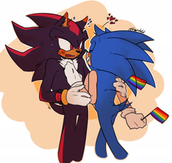 Size: 2048x1934 | Tagged: safe, artist:hopechild, shadow the hedgehog, sonic the hedgehog, hedgehog, abstract background, blushing, blushing ears, duo, embarrassed, flag, gay, gay pride, heart, holding something, looking at them, male, males only, mouth open, pride, pride flag, shadow x sonic, shipping, smile, standing