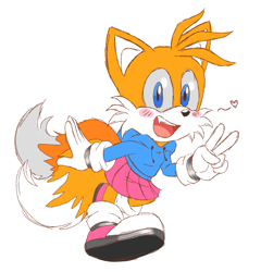 Size: 1967x2048 | Tagged: artist needed, safe, miles "tails" prower, fox, 2023, blushing, female, heart, hoodie, looking at viewer, mobius.social exclusive, mouth open, one fang, pink shoes, simple background, skirt, smile, solo, trans female, transgender, v sign, walking, white background