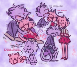 Size: 823x724 | Tagged: safe, artist:horoni_, amy rose, blaze the cat, cat, hedgehog, 2023, amy x blaze, brushing, cuddling, cute, english text, female, females only, hearts, kiss on head, lesbian, ordering food, phone, shipping