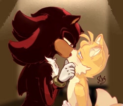Size: 815x704 | Tagged: safe, artist:anasnchez, miles "tails" prower, shadow the hedgehog, 2023, abstract background, blushing, duo, french kiss, gay, kiss, lidded eyes, looking at each other, male, males only, shadails, shipping, tongue out
