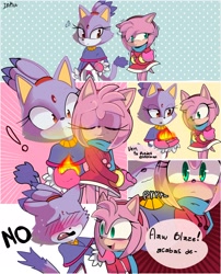 Size: 2466x3055 | Tagged: safe, artist:niku_wee, amy rose, blaze the cat, cat, hedgehog, 2023, amy x blaze, cute, exclamation mark, female, females only, flame, lesbian, purring, shaking, shipping, spanish text