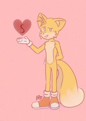 Size: 1240x1754 | Tagged: safe, artist:anasnchez, miles "tails" prower, 2023, hand behind back, heart, male, pink background, signature, simple background, smile, solo, standing