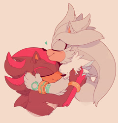 Size: 1280x1332 | Tagged: safe, artist:lynxheartart, shadow the hedgehog, silver the hedgehog, hedgehog, beige background, bust, claws, duo, eyes closed, fluffy, gay, gloves off, heart, holding each other, licking, mlem, shadow x silver, shipping, simple background, smile, tongue out