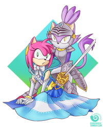 Size: 540x673 | Tagged: safe, artist:ryooooooooou, amy rose, blaze the cat, nimue, cat, hedgehog, sonic and the black knight, 2018, amy x blaze, cute, female, females only, knight armor, lesbian, looking at viewer, protecting, shipping, sir percival, sword