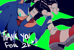 Size: 5500x3700 | Tagged: safe, artist:pastelmangos, artist:yu33_pm, sonic the hedgehog, hedgehog, 2023, abstract background, blue eyes, english text, looking at viewer, male, smile, solo, sonic boom (tv), top surgery scars, trans male, transgender