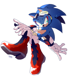 Size: 4000x4500 | Tagged: safe, artist:pastelmangos, artist:yu33_pm, sonic the hedgehog, hedgehog, 2023, boots, electricity, glowing eyes, goggles, looking offscreen, male, outfit swap, posing, signature, simple background, smile, sonic riders, top surgery scars, trans male, transgender, white background