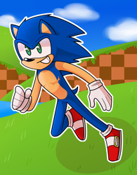 Size: 1720x2204 | Tagged: safe, artist:lala-draws-05, sonic the hedgehog, hedgehog, green hill zone, 2022, abstract background, looking offscreen, male, outline, running, smile, solo, top surgery scars, trans male, transgender