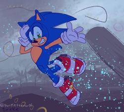 Size: 1066x970 | Tagged: safe, artist:darkwingdumbass, sonic the hedgehog, hedgehog, 2022, abstract background, eyelashes, looking at viewer, male, outdoors, ring, sketch, smile, snow, soap shoes, solo, tree