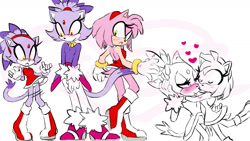 Size: 1600x900 | Tagged: suggestive, artist:fazzfuck, amy rose, blaze the cat, cat, hedgehog, 2017, amy x blaze, amy's halterneck dress, blushing, duo, heart, kiss on cheek, lesbian, outfit swap, panties, shipping, simple background, upskirt, white background
