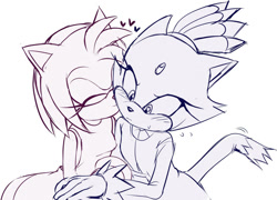 Size: 1024x736 | Tagged: safe, artist:galadysp, amy rose, blaze the cat, cat, hedgehog, 2020, amy x blaze, amy's halterneck dress, blaze's tailcoat, blushing, cute, duo, female, females only, frown, heart, kiss on cheek, lesbian, shipping, shy, simple background, sweatdrop, white background