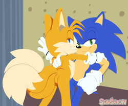 Size: 2668x2196 | Tagged: safe, artist:senshion, miles "tails" prower, sonic the hedgehog, fox, hedgehog, abstract background, against wall, duo, gay, holding each other, leaning on them, lidded eyes, looking at viewer, shipping, smile, sonic x tails, standing