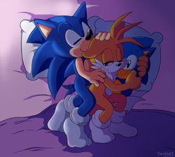 Size: 3598x3224 | Tagged: safe, artist:senshion, miles "tails" prower, sonic the hedgehog, abstract background, bed, blushing, cute, duo, eyes closed, floppy ear, gay, holding something, holding them, lidded eyes, looking back at them, lying on side, male, males only, nibbling ear, pillow, romantic, shipping, shoes off, smile, sonabetes, sonic x tails, stuffed animal, tailabetes