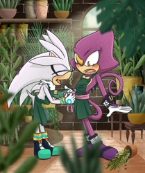 Size: 1666x1993 | Tagged: safe, artist:thehedgehogmaniac, espio the chameleon, silver the hedgehog, abstract background, apron, blushing, bow, duo, fanfiction art, gay, greenhouse, male, males only, plant, shipping, silvio