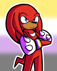 Size: 1638x2048 | Tagged: safe, artist:feeble-minded-little-gay, knuckles the echidna, echidna, arms folded, frown, looking offscreen, nonbinary, nonbinary pride, outline, pride, pride flag background, solo, standing
