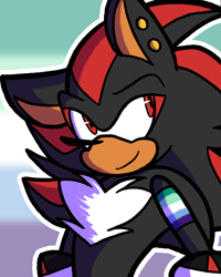 Size: 2048x2560 | Tagged: safe, artist:feeble-minded-little-gay, shadow the hedgehog, hedgehog, armband, ear piercing, gay, looking offscreen, male, mlm pride, outline, pride, pride flag background, smile, solo, standing