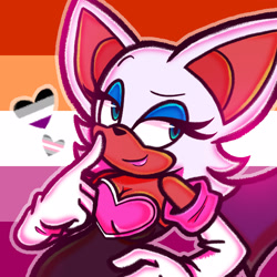 Size: 2048x2048 | Tagged: safe, artist:feeble-minded-little-gay, rouge the bat, bat, ace, asexual pride, demigirl, demigirl pride, heart, lesbian, lesbian pride, looking offscreen, outline, pride, pride flag background, smile, solo, standing