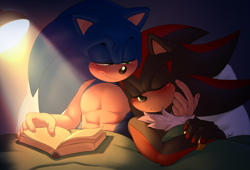 Size: 2200x1500 | Tagged: safe, artist:krazyelf, shadow the hedgehog, sonic the hedgehog, hedgehog, abstract background, blushing, book, duo, gay, holding something, indoors, lamp, leaning on them, looking at them, male, males only, nighttime, shadow x sonic, shipping, six-pack, sleeping, smile