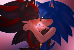 Size: 2200x1500 | Tagged: safe, artist:krazyelf, shadow the hedgehog, sonic the hedgehog, hedgehog, blushing, chest fluff, duo, gay, gloves off, gradient background, holding each other, lidded eyes, looking at each other, male, males only, nails, romantic, shadow x sonic, shipping, signature, smile, standing