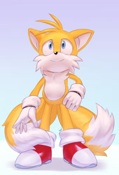 Size: 1500x2200 | Tagged: safe, artist:krazyelf, miles "tails" prower, fox, from below, gradient background, looking offscreen, male, signature, smile, solo, standing
