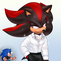 Size: 2000x2000 | Tagged: safe, artist:krazyelf, shadow the hedgehog, sonic the hedgehog, blushing, duo, gay, gloves off, gradient background, hand in pocket, lidded eyes, male, males only, pants, shadow x sonic, shipping, shirt, signature, smile, sparkles, standing, stupid sexy shadow