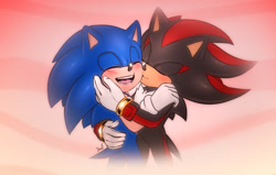 Size: 2200x1400 | Tagged: safe, artist:krazyelf, shadow the hedgehog, sonic the hedgehog, hedgehog, abstract background, blushing, duo, eyes closed, gay, holding each other, kiss on cheek, male, males only, mouth open, shadow x sonic, shipping, smile, standing