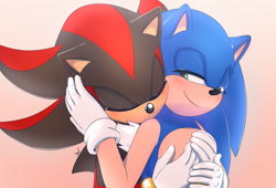 Size: 2200x1500 | Tagged: safe, artist:krazyelf, shadow the hedgehog, sonic the hedgehog, hedgehog, duo, eyes closed, gay, gradient background, hugging from behind, kissing neck, lidded eyes, looking at them, male, males only, shadow x sonic, shipping, standing
