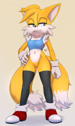 Size: 1500x2500 | Tagged: safe, artist:krazyelf, miles "tails" prower, fox, crop top, femboy, gradient background, lidded eyes, looking offscreen, male, signature, smile, solo, standing, stockings