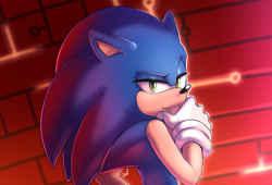 Size: 2200x1500 | Tagged: safe, artist:krazyelf, sonic the hedgehog, hedgehog, sonic mania adventures, abstract background, lidded eyes, looking back at viewer, male, meme, redraw, smile, smug, solo