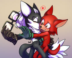Size: 2250x1800 | Tagged: safe, artist:krazyelf, gadget the wolf, infinite the jackal, jackal, wolf, blushing, duo, gay, gradient background, heart, holding each other, holding something, kiss on cheek, male, males only, rookinite, shipping, signature, smile, standing