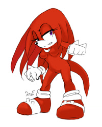 Size: 1024x1280 | Tagged: safe, artist:krazyelf, knuckles the echidna, echidna, breasts, clenched teeth, eyelashes, female, gender swap, lidded eyes, signature, simple background, solo, standing, white background