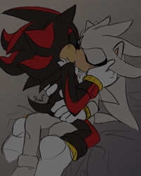 Size: 1024x1280 | Tagged: safe, artist:krazyelf, shadow the hedgehog, silver the hedgehog, hedgehog, abstract background, duo, eyes closed, flat colors, gay, holding each other, indoors, kiss, shadow x silver, shipping, signature, sitting, sitting on them