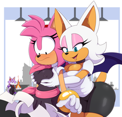 Size: 1280x1235 | Tagged: suggestive, artist:mrbigdon1992, amy rose, rouge the bat, abstract background, amy x blaze, angry, blushing, breast grab, cross popping vein, duo focus, female, females only, fire, frown, jealously, lesbian, office, office outfit, paper, rougamy, shipping, shrunken pupils, trio