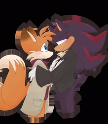 Size: 1796x2048 | Tagged: safe, artist:konicunai, miles "tails" prower, shadow the hedgehog, fox, hedgehog, adult, black background, blushing, clothes, coat, duo, fanfiction art, gay, jacket, looking at each other, male, males only, older, outline, pants, shadails, shipping, shirt, simple background, smile, standing