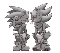 Size: 1377x1215 | Tagged: safe, artist:fig-fog, shadow the hedgehog, sonic the hedgehog, hedgehog, arm fluff, bandaid, chest fluff, duo, eyes closed, gay, greyscale, leg fluff, lidded eyes, looking at them, male, males only, mouth open, one fang, shadow x sonic, shipping, shoulder fluff, simple background, smile, squatting, top surgery scars, trans male, transgender, wagging tail, white background