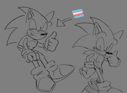 Size: 2047x1498 | Tagged: safe, artist:machalaitte, sonic the hedgehog, hedgehog, blushing, grey background, male, monochrome, simple background, smile, solo, standing, thumbs up, top surgery scars, trans male, transgender