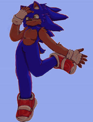 Size: 2048x2692 | Tagged: safe, artist:sleepylavend3r, sonic the hedgehog, hedgehog, blue background, claws, ear fluff, eyelashes, fingerless gloves, fluffy, looking offscreen, male, pawpads, simple background, smile, soap shoes, solo, top surgery scars, trans male, transgender, walking