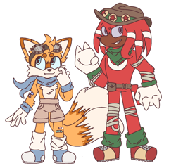 Size: 950x910 | Tagged: safe, artist:gl1tt3rpvke, knuckles the echidna, miles "tails" prower, echidna, fox, arm fluff, bandaid, bandana, belt, blue shoes, duo, goggles, hat, male, males only, one fang, redesign, scarf, shorts, simple background, smile, standing, white background