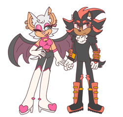 Size: 950x910 | Tagged: safe, artist:gl1tt3rpvke, rouge the bat, shadow the hedgehog, bat, hedgehog, duo, ear piercing, earring, female, frown, heart nose, male, pink nose, redesign, simple background, smile, spiked bracelet, standing, white background, wink