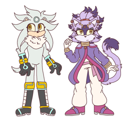 Size: 950x910 | Tagged: safe, artist:gl1tt3rpvke, blaze the cat, silver the hedgehog, cat, hedgehog, duo, ear piercing, eyelashes, female, frown, male, simple background, standing, white background, yellow sclera