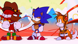 Size: 1920x1080 | Tagged: safe, editor:milezperprower, knuckles the echidna, miles "tails" prower, sonic the hedgehog, echidna, fox, hedgehog, sonic mania, abstract background, edit, male, males only, sonic boom (tv), standing, team sonic, top surgery scars, trans male, transgender, trio