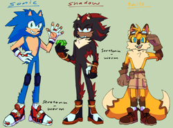 Size: 2048x1514 | Tagged: safe, artist:solfinite, miles "tails" prower, shadow the hedgehog, sonic the hedgehog, fox, hedgehog, chaos emerald, character name, english text, green background, male, males only, messy fur, messy hair, redesign, simple background, standing, trio, yellow sclera