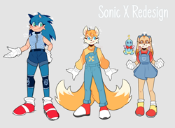 Size: 1500x1096 | Tagged: safe, artist:chai-artsy, cream the rabbit, miles "tails" prower, sonic the hedgehog, fox, hedgehog, rabbit, brother and sister, clothes, english text, eyelashes, female, grey background, male, redesign, siblings, simple background, smile, sonic x, trio