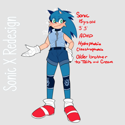 Size: 1000x1000 | Tagged: safe, artist:chai-artsy, sonic the hedgehog, hedgehog, adhd, character name, claustrophobia, claws, clothes, english text, eyelashes, grey background, hydrophobia, jacket, kneepads, looking at viewer, male, one fang, redesign, reference sheet, shorts, simple background, smile, solo, sonic x, standing