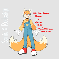Size: 1000x1000 | Tagged: safe, artist:chai-artsy, miles "tails" prower, fox, adhd, clothes, english text, eyelashes, grey background, looking at viewer, male, overalls, redesign, simple background, smile, solo, sonic x, sparkles