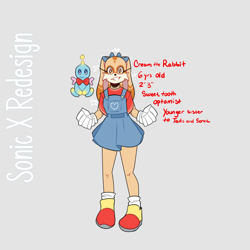 Size: 1000x1000 | Tagged: safe, artist:chai-artsy, cheese (chao), cream the rabbit, chao, rabbit, bow, bowtie, dress, duo, english text, female, genderless, grey background, neutral chao, redesign, simple background, smile, sonic x, standing