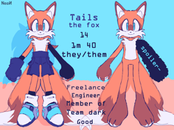 Size: 2048x1531 | Tagged: safe, artist:12neonlit-stage, miles "tails" prower, fox, abstract background, alternate universe, au:crystallized, blue shoes, character name, english text, paws, pronouns, shorts, smile, solo, standing